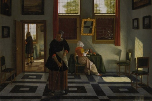 Питер Янсенс Элинга (1623-1682). Интерьер с мужчиной, женщиной за чтением и горничной, ок. 1670 г.