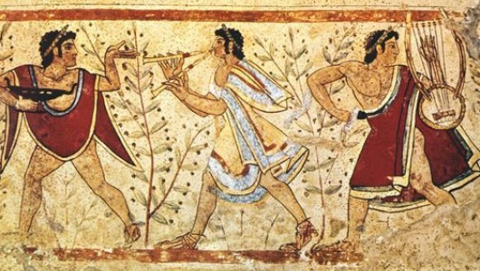 «Танцоры и музыканты». Деталь фрески. Ок. 480—470 до н. э. Гробница «Леопардов» в Тарквиниях