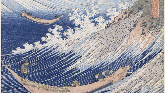 « Chōshi dans la province de Sōshū » Série : Mille images de la mer, Chie no umi Sōshū chōshi, Vers le début de l’ère Tempō (ок. 1830-1834) Estampe nishiki-e, 18,2 × 25,6 cm Signature: Saki no Hokusai Iitsu hitsu Éditeur : Mori-ya Jihei Pa