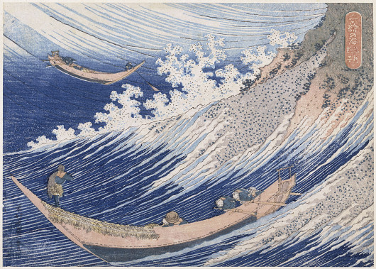 « Chōshi dans la province de Sōshū » Série : Mille images de la mer, Chie no umi Sōshū chōshi, Vers le début de l’ère Tempō (ок. 1830-1834) Estampe nishiki-e, 18,2 × 25,6 cm Signature: Saki no Hokusai Iitsu hitsu Éditeur : Mori-ya Jihei Pa